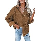 Damen Cord-Hemdjacke Casual Langarm Knopfleiste Bluse Revers Nieten Cardigan Oversized Mantel Oberbekleidung Tops, khaki, 46