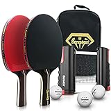 Senston Tischtennisschläger 2er Set -Einziehbares Tischtennisnetz, 2 Tischtennisschläger und 3 Stern-Ping-Pong-Bälle, 2 Spieler-Tischtennisset Indoor Outdoor Play