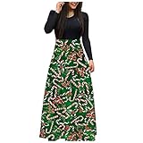 Damen Kleid Langarm Weihnachten Kleider Vintage Pullover Weihnachtskleid Druck Weihnachtskleid Schneeflocken Druck Hohe Taille Maxikleid A-Linie Cocktailkleid Festlichkleid Langk