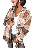 Yming Damen Herbst Casual Flanell Farbblock Kariert Langarm Shacket Jacke Mantel Gebürstete Hemden Button-Down-Hemd Braun XXL