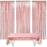 Nigaga Lametta Vorhänge Metallic Folie Hintergrund 3 Stück Rosegold Glitzer Vorhänge +1Stück Tischdecke 1.37*2.74m für Geburtstag, Hochzeit, Party, Halloween, Weihnachten Dek