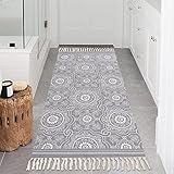 SHACOS Baumwolle Teppich Waschbar Grau Küche Teppich Läufer Flur Mandala Teppich mit Quasten Handgewebte Teppiche für Wohnzimmer, Schlafzimmer 60 x 130
