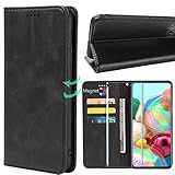 Tasch HYMY Handytasche für ZTE Blade V30 Vita Hülle + Panzerglas für ZTE Blade V30 Vita Schutzfolie - Schutzhülle Calfskin PU Leather/Card Cash Holder/Strong Magnetic/with Camera Hole-Black