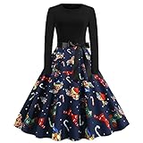 Weihnachtskleid Damen Santa Vintage Langarm 1950er Jahre Rundhals Weihnachtsdruck Satin Kleid rot Partykleid Elegant Strickkleid Damen only Winterkleid Damen Lang