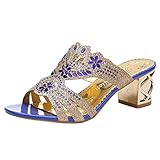 ✿✿Eaylis Damen Sandalen GroßFormatiger Strassstein Mit EIN Wort Dickem Absatz Sommer Strand Schuhe Hausschuhe Stilvoll Und Eleg