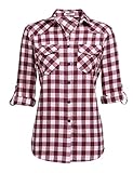 UNibelle Damen Bluse elegant Langarm Tunika Karohemd V-Ausschnitt Sommer Oberteil Top mit einstellbare Ärmeln,Weinrot L