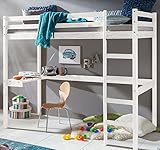 HOMELINE Kinder Hochbett mit Schreibtisch Etagenbett massiver Kiefer 90x200 cm (Weiss)