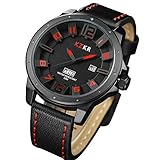 KZKR Herren Uhr Analog Quarzwerk mit Leder Armband Schwarz Datum W382-R