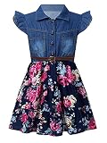 FEESHOW Kinder Baby Kleider Mädchen Jeanskleider Ärmellos Denim Sommerkleider Süße Blumendruck Prinzessin Kleider mit Bowknot Freizeit Kleidung Navy Blau_C 134-140