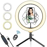 Ringleuchte, Selfie Ringlicht mit Fernbedienung mit Handyhalter 3 Leuchtmodi & 11 Helligkeitsstufen für Live Streaming, Videosschooting, Selfie Portrait, Beautylig