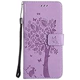 pinlu® PU Ledertasche Etui Schutz Hülle für Nokia Lumia 630 635 Katze Baum Muster Design Lederhülle im Bookstyle Schale Flip Cover mit Kartenfach und Standfunktion (Hellviolett)