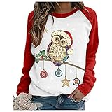 Kobay Damen Langarm Herbst Winter Casual Mantel Oberteile Elegant Langarmshirt Frauen O-Ausschnitt Pullover Weihnachtsdruck Color Blocking Langarm T-Shirt Shirt Top(Weiß, S)