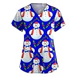 Damen Arbeitskleidung Uniformen V-Ausschnitt Weihnachten Drucken Schlupfhemd Kasack Kurzarm T-Shirts Tops Arbeitsuniform Schlupfkasack Damen Übergröße Kasack Pflege mit T