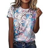 Damen Loses Kurzarm-T-Shirt mit Rundhalsausschnitt und Blumendruck,Große Größen Bluse Shirt Sweatshirts Leinen Baumwolle Hemd Oberteile Druck T-Shirt Kurzarm/Langarm Blusen Eay