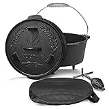 VOUNOT BBQ Dutch Oven Feuertopf Gusseisen 9 Liter, eingebrannter Kochtopf Schmortopf mit Füßen Deckel Deckelheber Trag