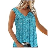 Damen Sommer Ärmellose Tank Top Shirt, Große Größe V-Ausschnitte Falten T-Shirt Weste Casual Lockere Oberteil Tops Frauen Elegant Geblümt Bluse Tunika Mode Ohnearm Longshirt Blusen Tops(Blau,3XL)