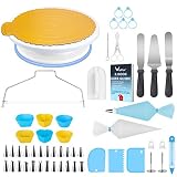 WisFox 103 Teiliges Tortenplatte Drehbar Tortenständer Kuchen Drehteller Spritztüllen Set mit 24 Düsen,50 Einweg Spritzbeutel,2 Spatel, 1 Kuchenschneider,3 Schaber usw Kuchen Backzubehö