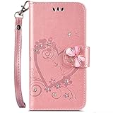 Hpory Kompatibel mit iPhone 6S Plus Hülle, iPhone 6 Plus Handyhülle Glitzer Strass Muster PU Leder Klapphülle mit Handschlaufe Geldbörse Case Flip Cover Schutzhülle Handytasche - Liebe Herz Roseg