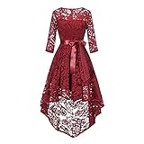 JIOJIO Damen Kleider Elegant Spitzenkleid mit Asymmetrisch Hem 3/4 Ärmel Abendkleid Partykleider Rundhals Knielang Rockabilly Kleid Freizeitkleider Lace Up Retro A-Linie Kleid Spitzen Cocktailk