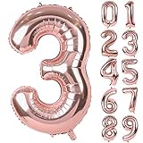 Rosegold Luftballon Zahlen, Number 3 Folienballon Riesenzahl Zahlenballon 40 inch für Geburtstag, Hochzeit , Jubiläum Party Dek