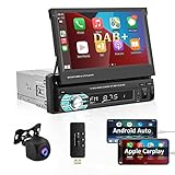 1 Din Autoradio mit CarPlay DAB+ 7 Zoll HD Einziehbarer Touchscreen Monitor Universal Car Multimedia MP5 Player Unterstützung Bluetooth FM/RDS Radio TF/USB mit Rückfahrk