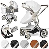 ib style® 3 in 1 JUMA Kombikinderwagen| Kinderwagen + Buggy | inkl. Autoschale | inkl. Regenschutz | Klappbar | WEISS