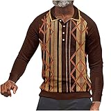 Modische Poloshirts für Herren, langärmelig, Umlegekragen, Knopfleiste, bedrucktes Sweatshirt, gestreifter Druck, ethnisch, Opa, Oberteil, Übergröße, lockere Passform, coffee, XXL