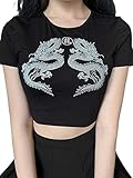 Olisenci Frauen Sommer Drachendruck Basic Y2K Crop Top Mode Rundhalsausschnitt Lässig Kurzarm Kurzes T-Shirt (Schwarz, L)