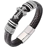 JIEZ Lederarmband mit Kreuz, geflochten, Lederseil, Edelstahl, Magnetverschluss, Armreif, für Herren und Damen, Armband, Modeschmuck, Braun, 22