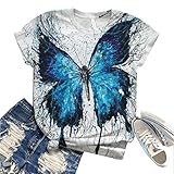 TOPEREUR Damen T-Shirt, Kurzarm Shirts mit Schmetterling Print, Rundhals Casual Oberteile Perfect Tops Tee Sommer Kurzarmshirt Sweatshirt B