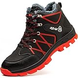 SROTER Damen Herren Arbeitsschuhe Stahlkappe Wasserdicht Gefüttert Sicherheitsschuhe Schneestiefel Trekking Wanderschuhe Winterschuhe Stiefel Trekking Schuhe,04 Rot/Schwarz,36 EU