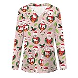 Kasack Damen Pflege Bunt mit Motiv Weihnachten T-Shirt Schlupfkasack mit Taschen Lange Ärmel V-Ausschnitt Schlupfhemd Berufskleidung Krankenpfleger Uniformen N