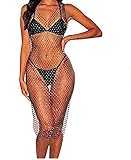 Damen sexy elastische durchsichtige Fischnetz ärmellose Strass kurze Tops ischnetz Bikini Cover Up Mesh Crop Tops Sommer Strandkleid Bikini vertuschen Oben Sonnenschutz Kleidung (Schwarz , 90cm )