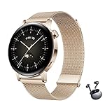 HUAWEI WATCH GT 3 42 mm Smartwatch, lange Akkulaufzeit, ganztägige SpO2-Überwachung, genaue Herzfrequenzüberwachung, 100+ Trainingsmodi, Hellgold, 30 Monate Garantie, + HUAWEI FreeBuds 4i Kopfhö