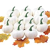 Feelava Halloween weißer Kürbis,12 Stück DIY Simulationsschaum weißer Kürbis,künstliche Minikürbisse für Halloween Dekoration,mit 30 Stück künstlichem Ahornblatt,Herbsternte Thanksgiving Party Dek