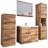 MKS MEBLE Badezimmer Möbel Set Badmöbel Set MALO 6 Teile: Unterschrank, Spiegel, Zwei Badregals, Waschbecken, Waschbeckenstöpsel Badezimmermöbelset - San W