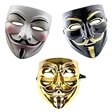 GrassVillage Anonymous Halloween V for Vendetta 3-teiliges Masken-Set – Gold, Weiß und Schwarz – Party, Weltbuchwoche / Hallow