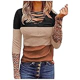 Damen Spitze Langarm T-Shirt Schmaler Strick Herbst Neu Damen Farbblock T-Shirt Tunika Bluse Shirts Modish V-Ausschnitt Bedrucktes Damen T-Shirts Frühling und Herbst Slim Langarm Pulli Sweats F