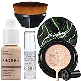 30ml Concealer Cover Flüssigmatt Full Coverage Concealer (Nude #102) mit 6ml Make up Primer & Foundation Make Up Pinsel & Pilzkopf Luftkissen CC Creme F