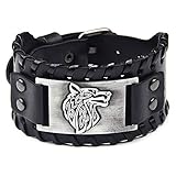 Juland Herren Retro Breites Metall Schwarz Herren Lederarmband Punk Style Lederarmband Wolf Head Armbänder Breiter Gürtel Manschette Armreif Rock Wrap für Männer Junge Einstellbar - Schw