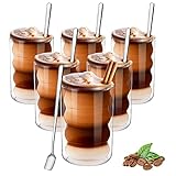 Latte Macchiato Gläser doppelwandig 350ml 6er set,Thermoglas aus Borosilikatglas,Espressotassen Kaffeebecher Trinkgläser Capuccino-tassen Eisbecher glas mit 6 Löffel und 6 U