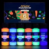 Artecho Acrylfarben Set Nachtleuchtend 6x59 ml, Leuchten im Dunkeln, Schnell Trocknend, Lichtecht, Wasserfest, ideal für Leinwand, Papier, Holz, Stein, Keramik, Stoffe, M
