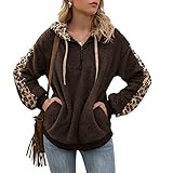 Fascino-M Leopard Damen Pullover Kapuzenpullover Herbst Winter Teddy Fleece Hoodie 1/4 Zip Reißverschluss V-Ausschnitt Hoodies Lange Ärmel Sweatshirt Mit Kap