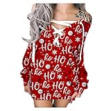 JISHII Weihnachten Kleid für Damen Schneeflocke Hut Stoffdruck Langärmeliges V-Ausschnitt Kurz Sweatshirts Kordelzug Lace up Schlank Leicht Reguläre Modisch Pulloverkleid Freizeit jeden Tag