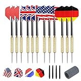 Dartpfeile Metallspitze, Auniq Steeldarts 12 Stück 18 Gramm, Dartpfeile Profi mit (4 Stile) Nationalflaggen Flights , Dart Pfeile Set mit Kupferüberzogenem Lauf und 4 Freie PVC-Pfeilstäb