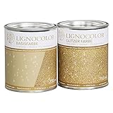 Lignocolor Glitzer Farbe Wandfarbe Möbelfarbe Effektfarbe Glitzereffekt, transparent lasierend – Made in Germany (Set: Glitzer Farbe + Basisfarbe, Gold)