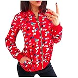 Damen Casual Jacke Blumenmuster Drucken Langarm Bomberjacke Reißverschluss Outwear Coat Fliegerjacke Retro Frauen Herbst Frühling Winter Leichte Blouson Mode Baseball Mantel Tops Bikerjacke Kurzjack
