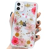 Tybiky iPhone 11 Pro Max Hülle Trockenblumen Handyhülle Abdeckung, Echte Blumen Clear Flexible Gummischale Schutz Kratzfest für iPhone 11 Pro Max (Unsterbliche Blume), Weiß Rosa Gänseblü