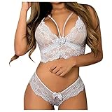 Briskorry Damen Spitze Unterwäsche Zweiteilige Aushöhlen BH mit G-String Strapsen Erotische Dessous Set Sexy Spitze Top Anzug Pyjama Nachtwäsche Babydoll Nachtwäsche Spitze Neglig