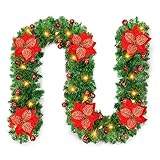 Weihnachtsgirlande mit LED Beleuchtung, 2.7M/9Ft Tannengirlande Weihnachten Türgirlande Haustür Künstlich Weihnachtsdeko Girlanden Aussen fur Treppengirlande Hochzeitsfeier innen und außen(Rot)